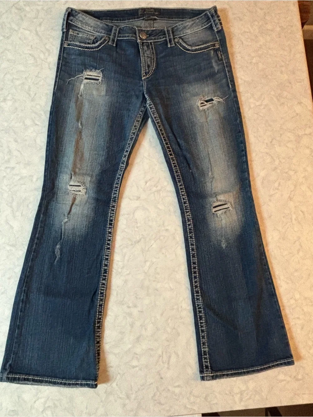 Silver Jeans Co Pioneer Men 34x31 Distressed Bootcut Thick Stitch Blue Denim Y2K